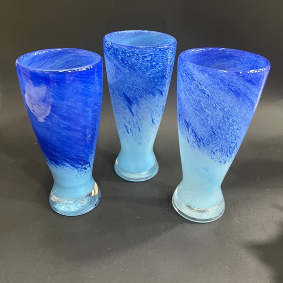 Set of 3 Art Glass Tall Beer Pub Glasses - Ocean Blue Swirl - 7.5" - Picture 1 of 9